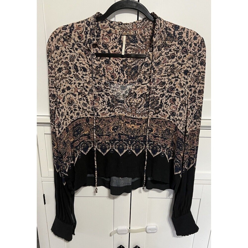 Free People Black and Tan Patterned Blouse